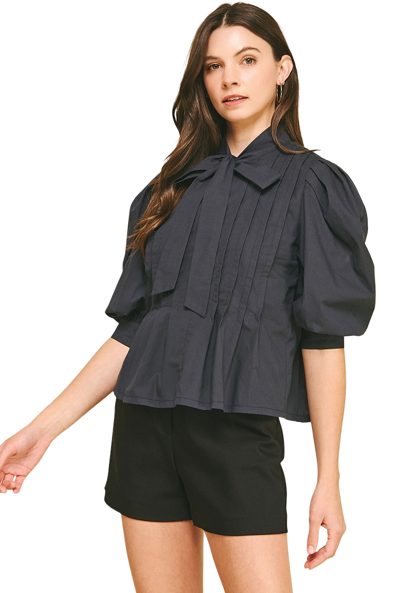 Apparel- Pinch Tuck Detail Tie Front Blouse Top
