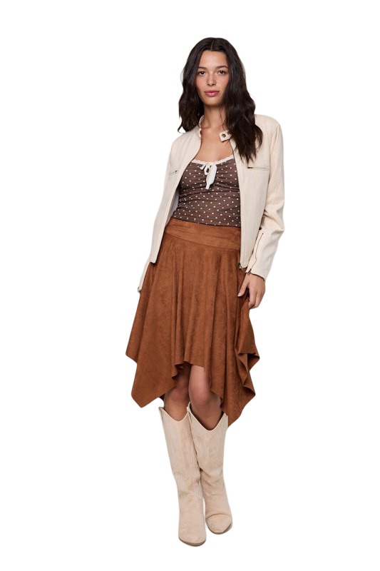 Apparel- Sky to Moon Suede Ruffle High Low Midi Skirt