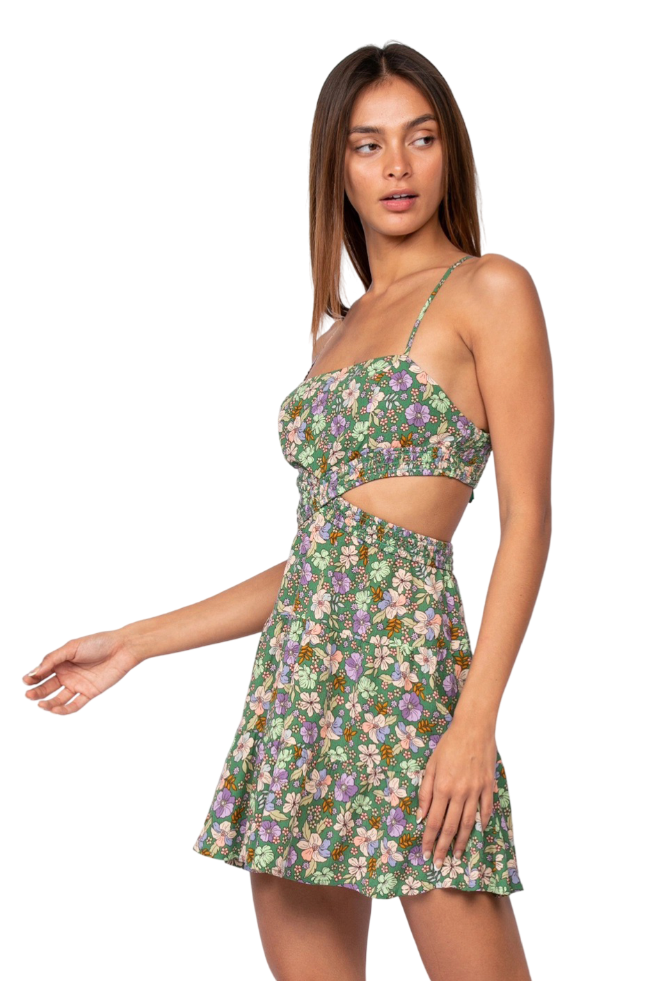 Apparel- Sky to Moon Floral Waist Cut Out Band Mini Dress