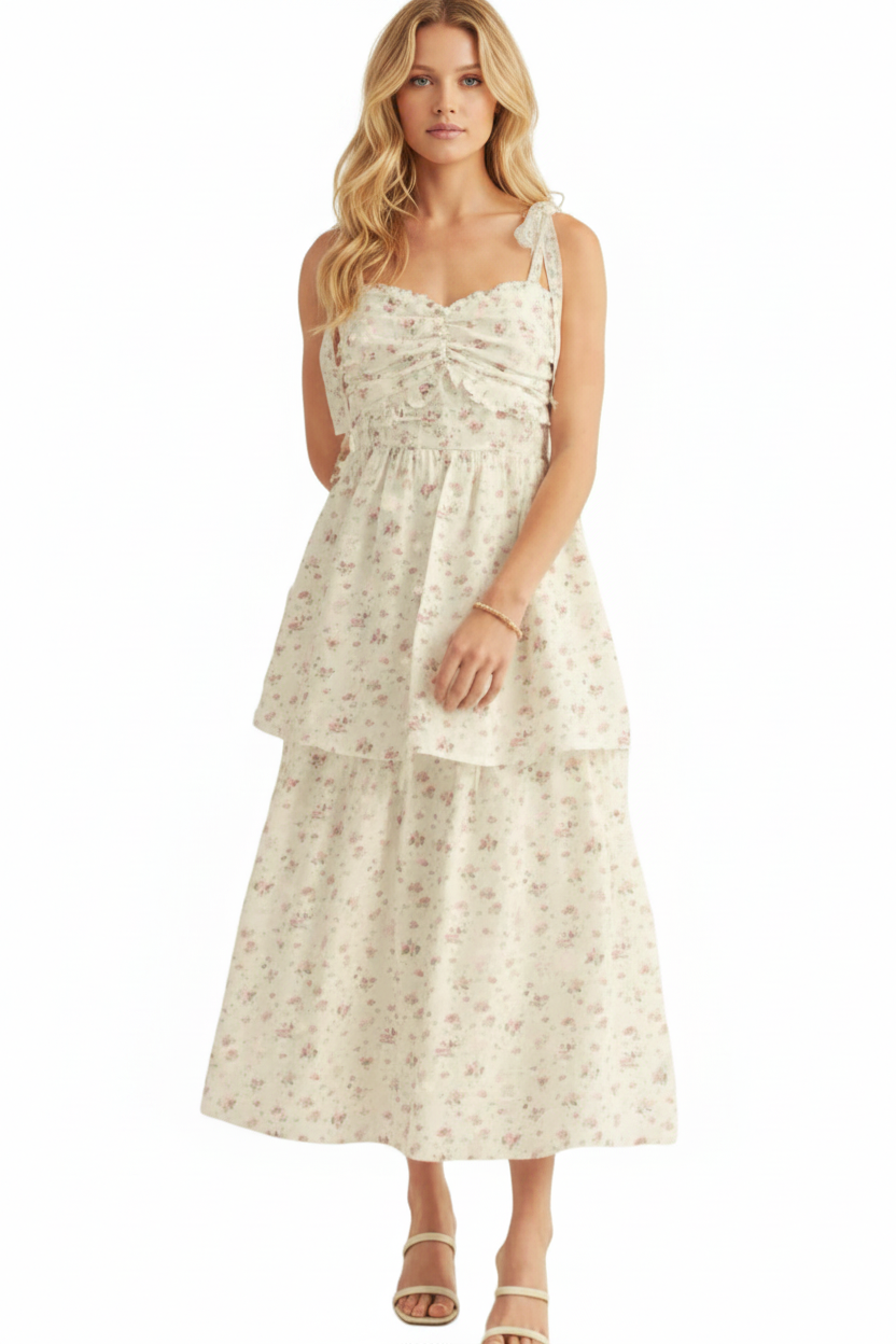 shoulder tie midi dress Printed Strap Tiered Flowy Bust 36 // Length 48 Large YAS tie shoulder floral midi