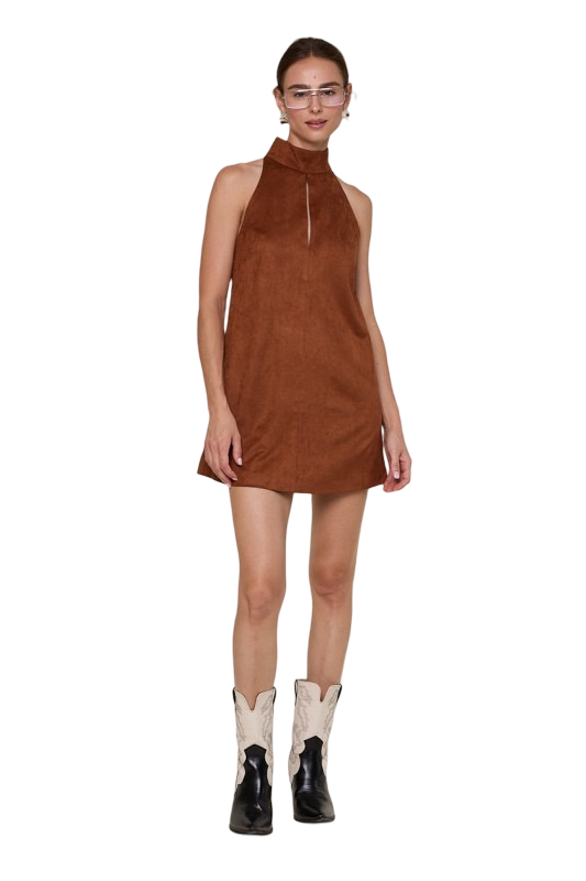 Apparel- Sky to Moon Suede Cut Out Point Plain Mini Dress