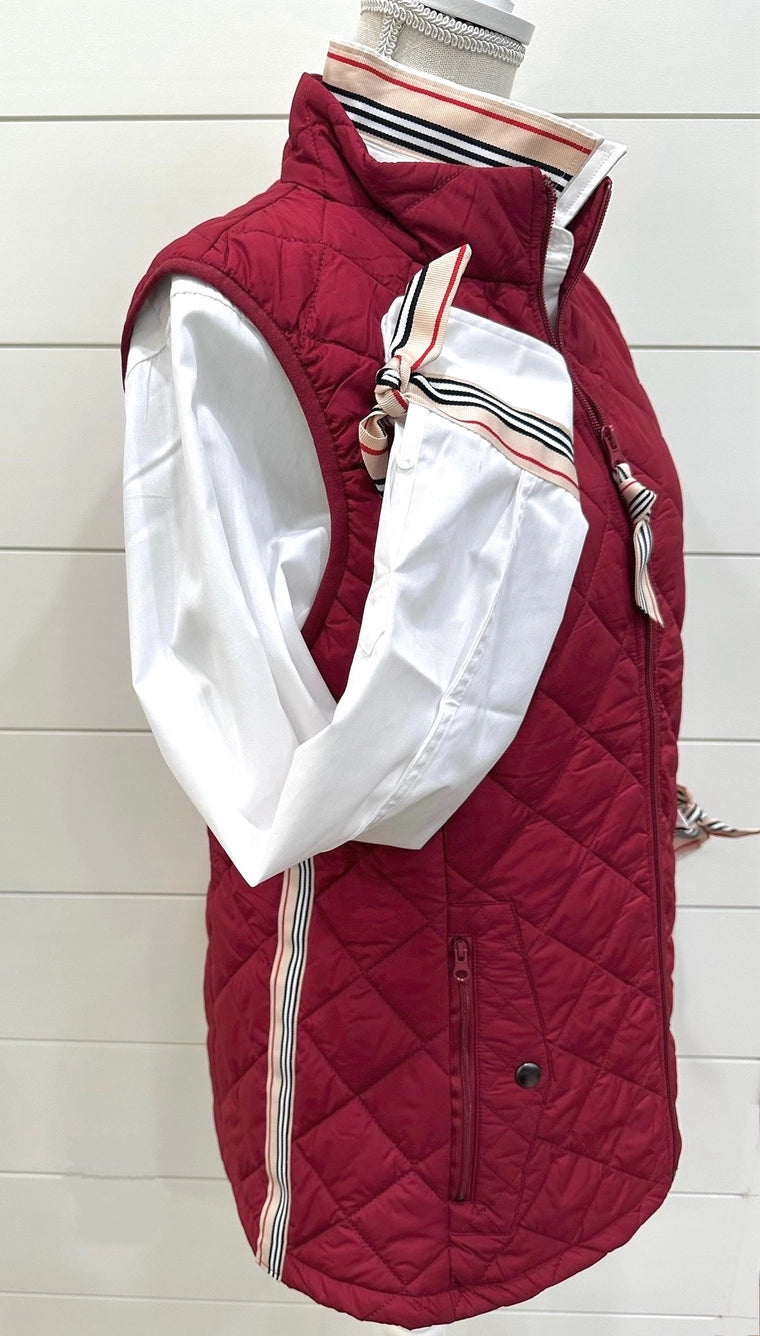 Apparel- Pearly Vine Maggie May- Burnt Red Quilted Puffer Vest w Khaki/Black & Red Stripe Ribbon