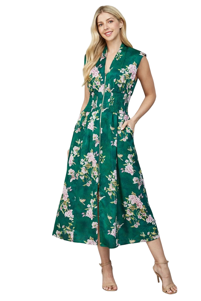 Apparel-Fate Floral Jacquard Front Zip Midi Dress