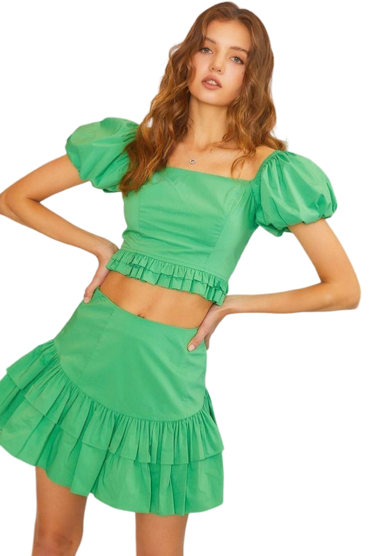 Apparel- Main Strip Tiered Ruffled Solid Mini Skirt