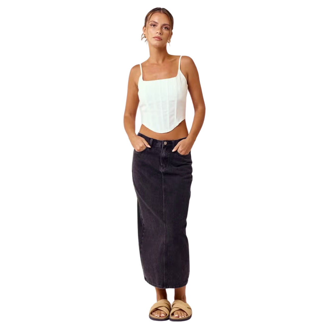 Apparel- Blue Blush Denim Midi Skirt With Back Slit