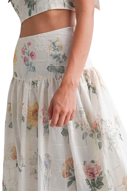 Mable Floral Eyelet Top and Midi Skirt Set