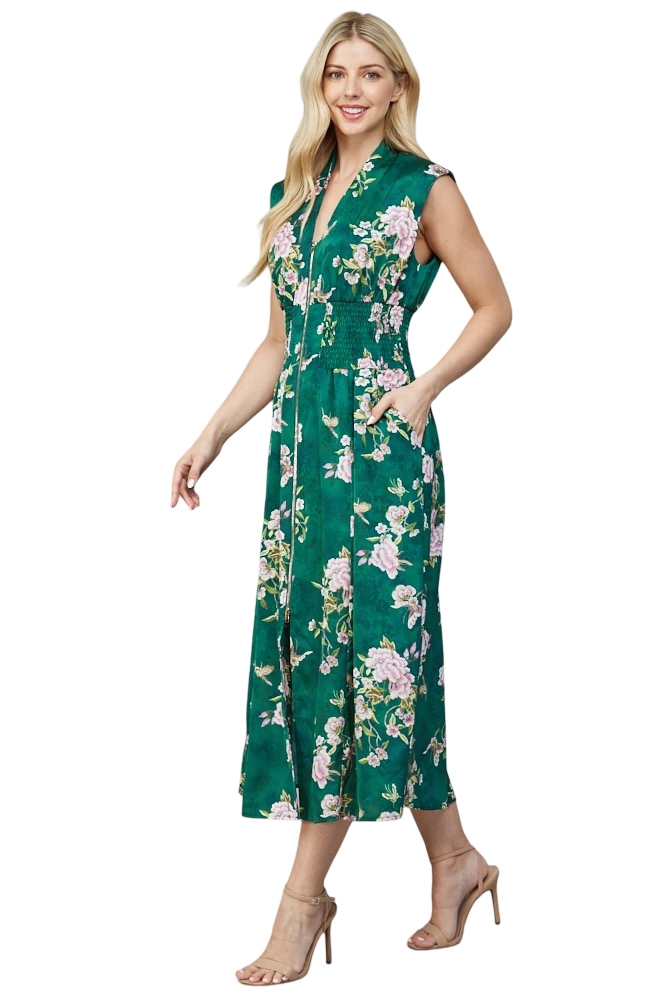 Apparel-Fate Floral Jacquard Front Zip Midi Dress