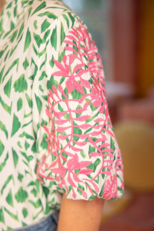 Apparel- VOY Flower Embroidered Bubble Sleeve Top