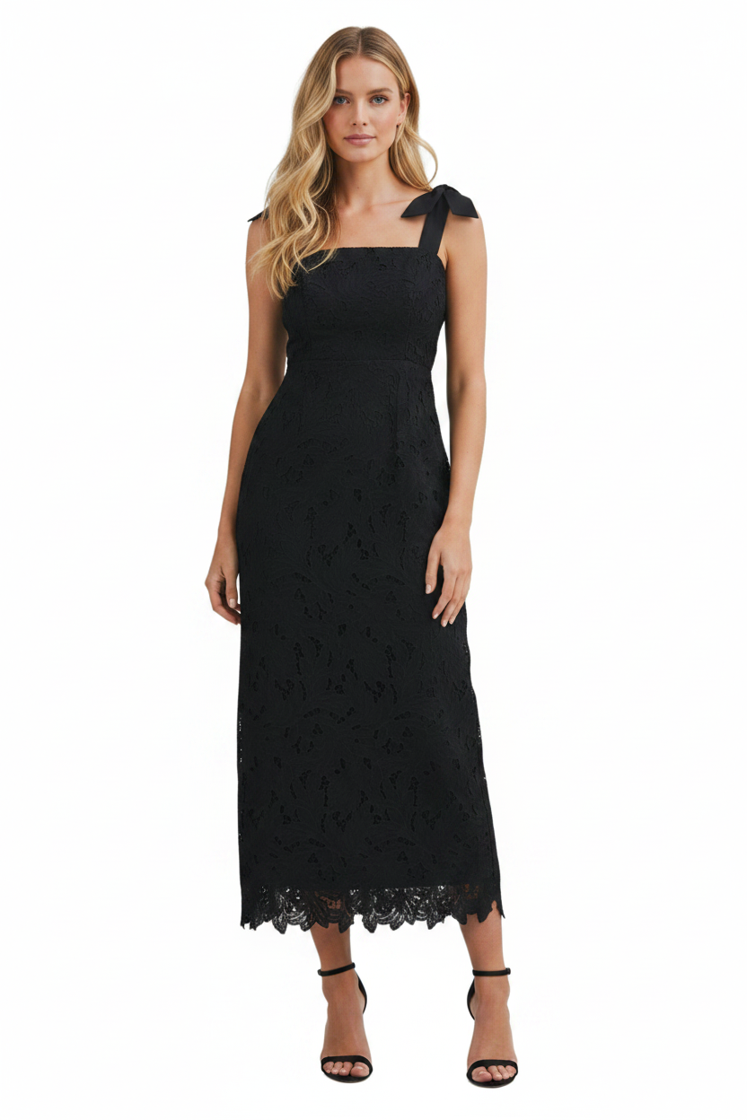 Mable Eyelet Lace Shoulder Tie Midi Dress Black / Medium
