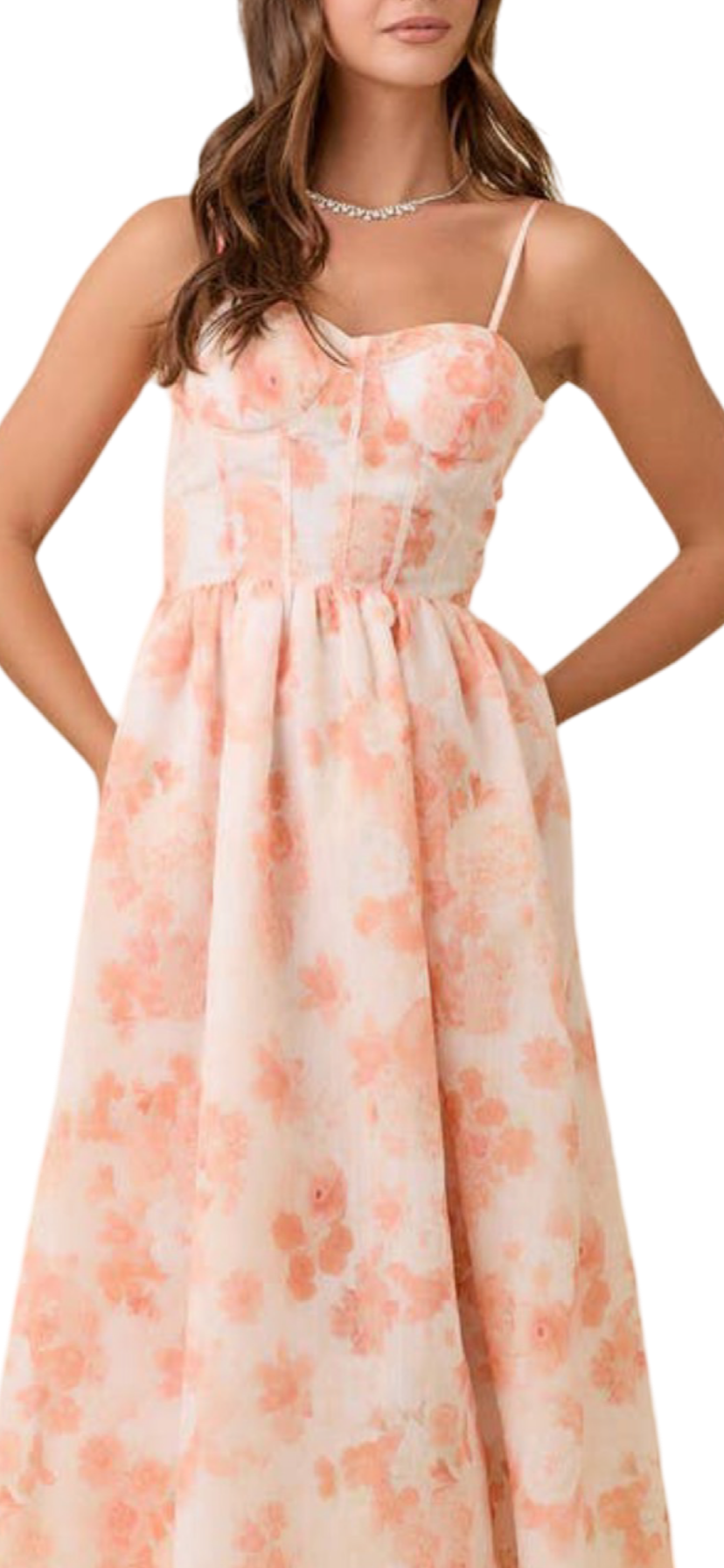 Main Strip Bustier Corset Midi Floral Printed Dress