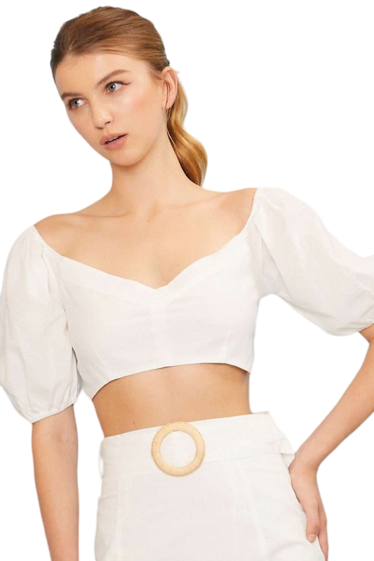 Apparel- Main Strip Elastic Shoulder Bubble Sleeve Crop Top