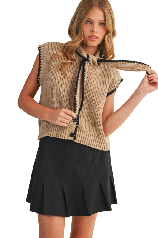 Apparel- En Merci Tie Neck Blanket Stitch Sweater Vest Top