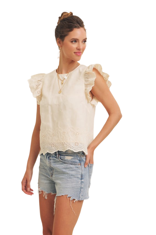 Apparel- In February Eyelet Border Blouse with Ruffled Sleeves