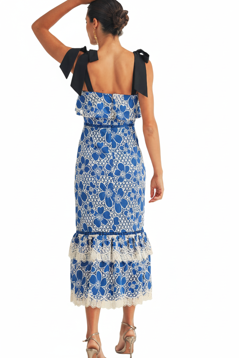 Just Me Flower Lace Ruffle Bottom Midi Dress