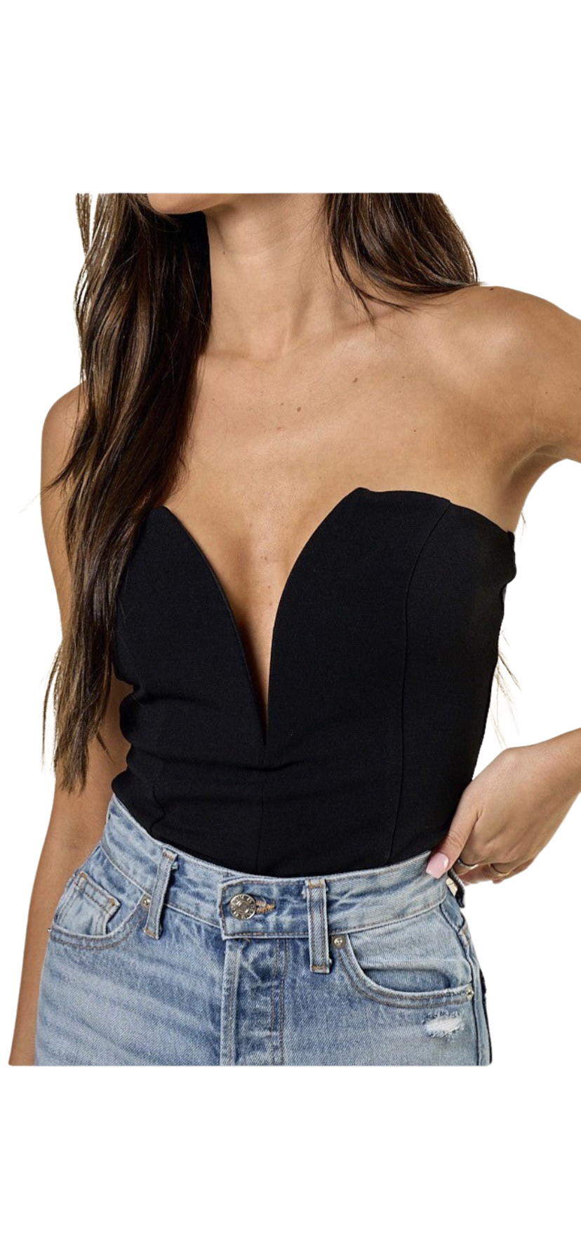 Apparel- Blue Blush Deep V-Neck Strapless Bodysuit