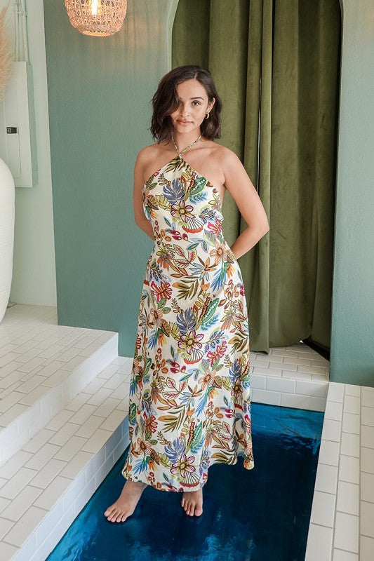 Apparel- Timing Tropical Halter Maxi Dress
