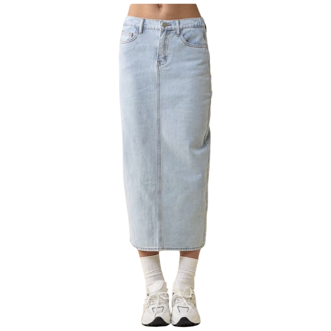 Apparel- Blue Blush Denim Midi Skirt With Back Slit