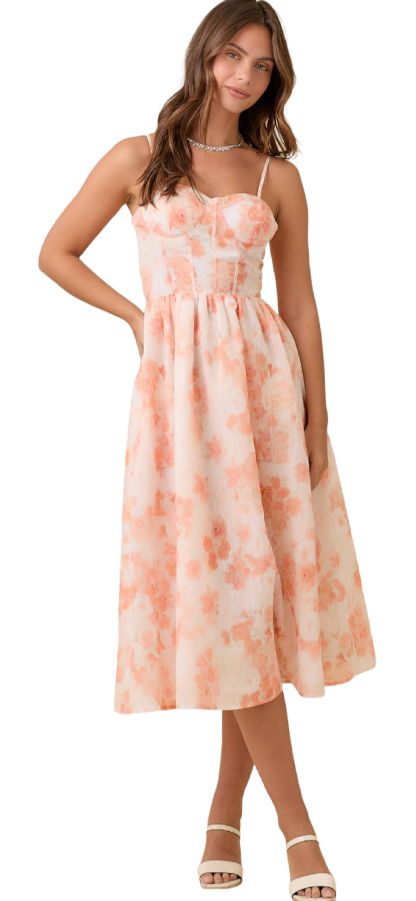 Apparel- Main Strip Bustier Corset Midi Floral Printed Dress