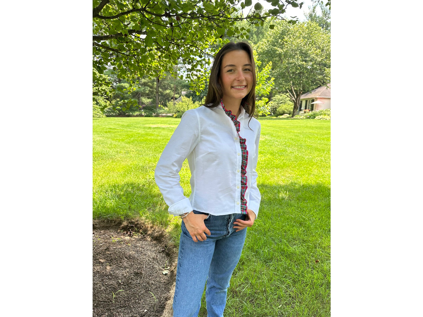 Apparel- Pearly Vines Sophia White Oxford with Red Plaid Ruffle Front Shirt