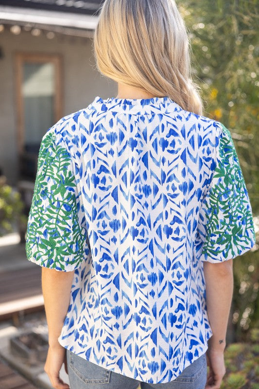 Apparel- VOY Flower Embroidered Bubble Sleeve Top
