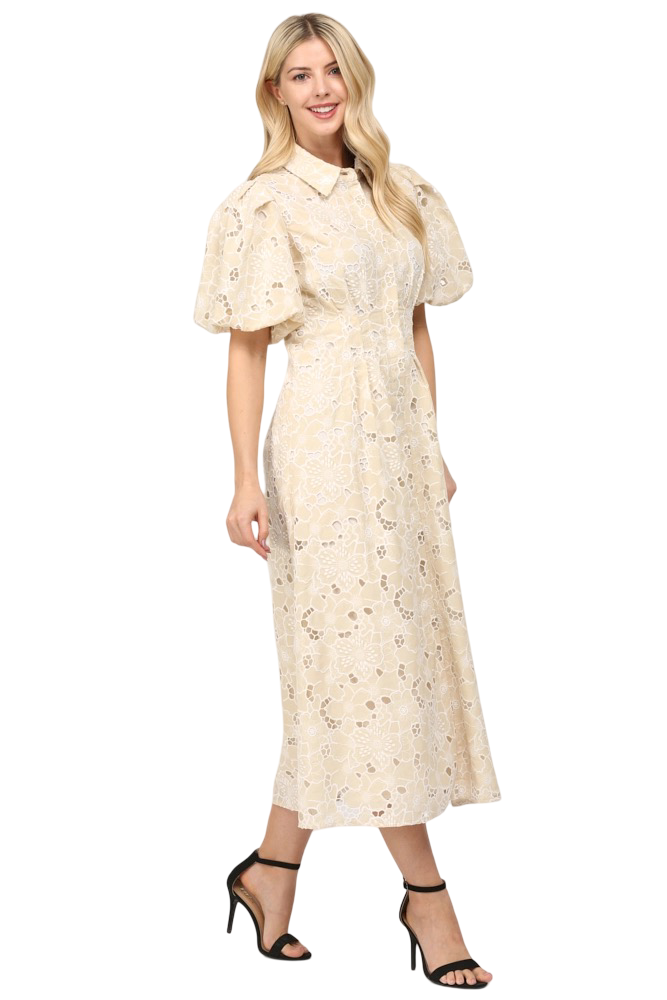 Apparel-Fate Pleated Waist Half Button Eyelet Midi Dress