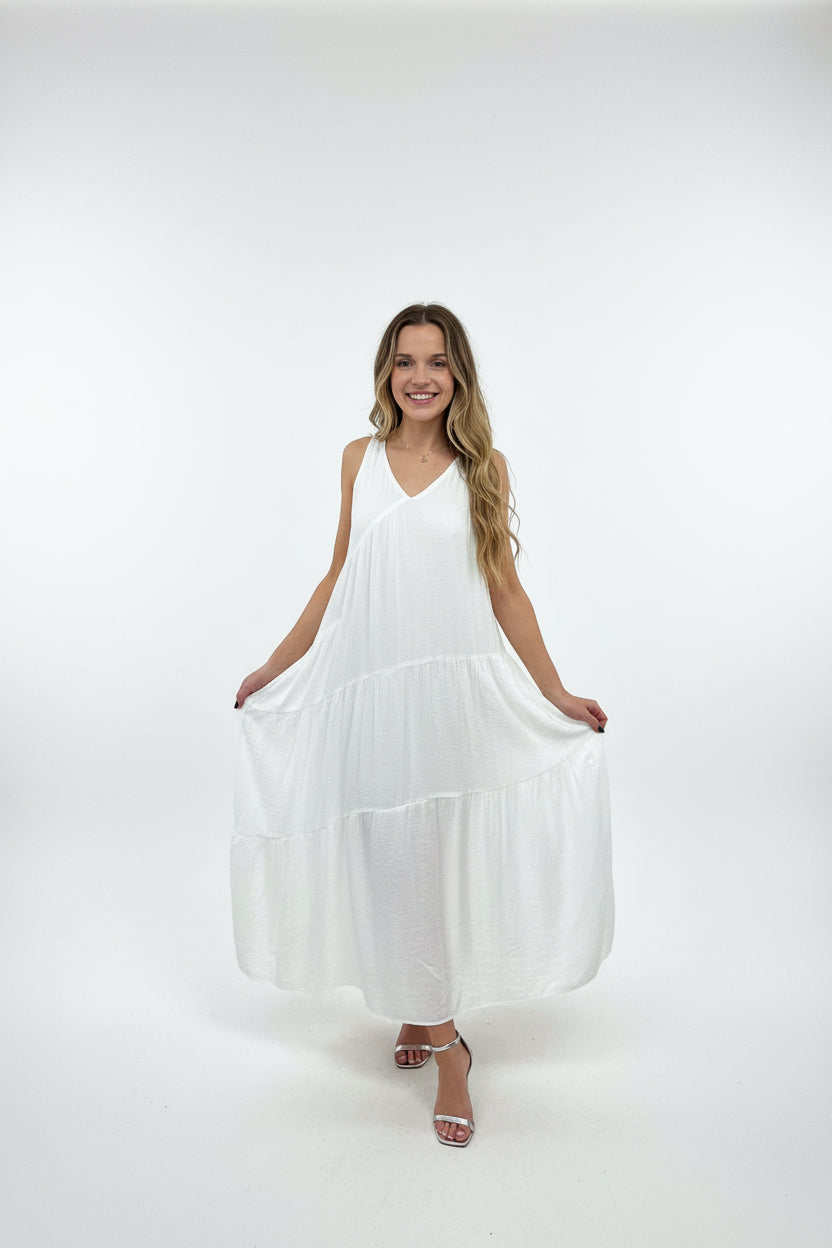 Needii Asymetrical V Neck Tiered Maxi Dress