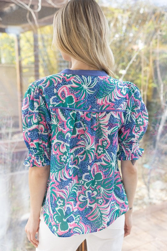 Apparel- VOY Short Puffed Sleeve Floral/ Leopard Top