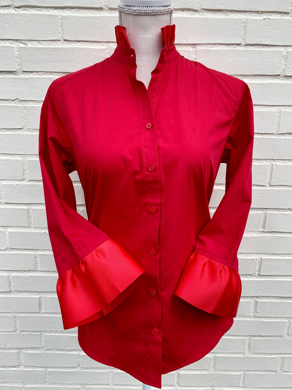 Apparel- Pearly Vines- Barbara Ann Red 3/4 Trim Ribbon Shirt