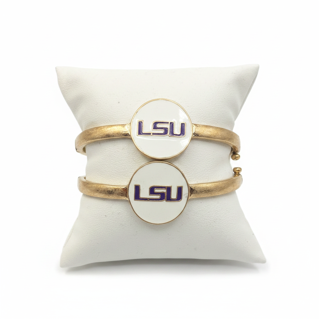Bracelets- Canvas Game Day LSU Logo Enamel Hinge Bangle Purple and White