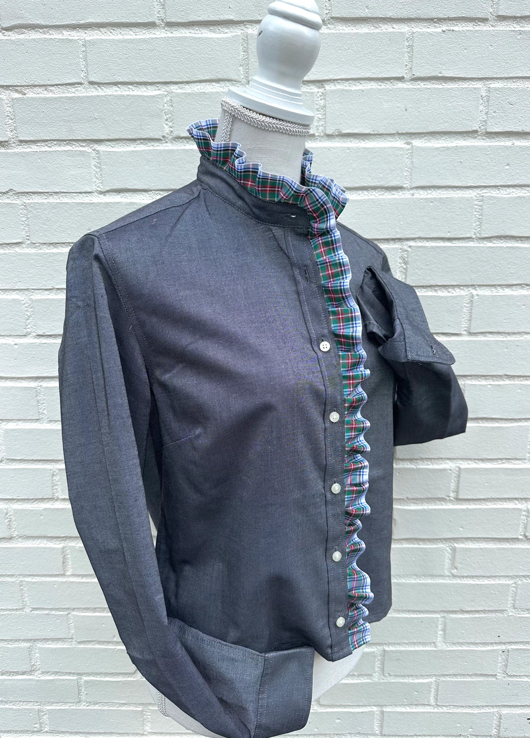 Apparel- Pearly Vines Sophia Gray Oxford with White Plaid Ruffle Front Shirt