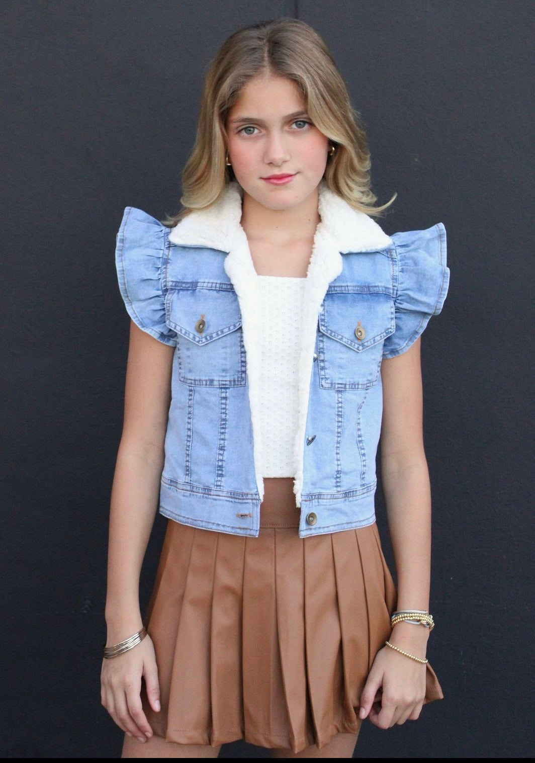 Girls- If So Knit Denim Ruffled Sleeveless Fur Lined Denim Vest
