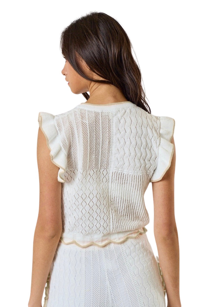 Apparel- LALAVON Textured Round Neck Ruffle Sleeve Sweater Top