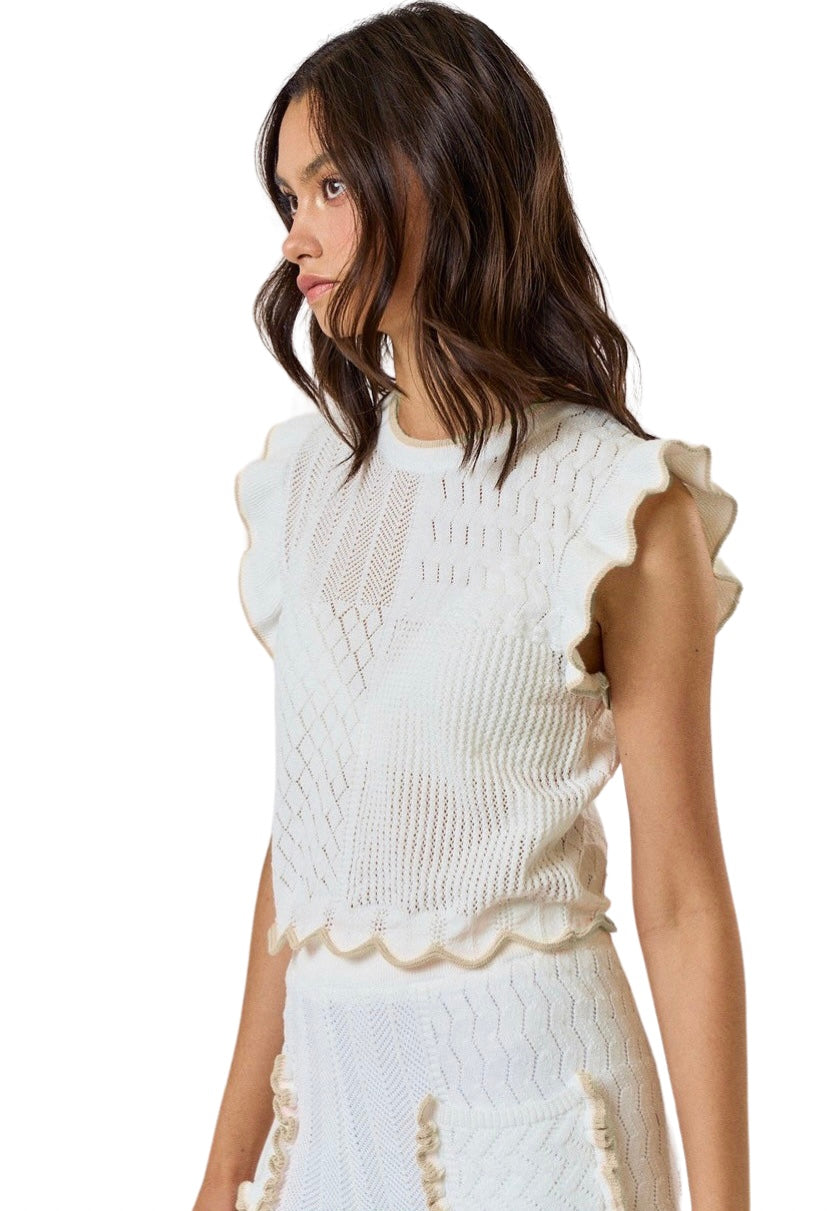 Apparel- LALAVON Textured Round Neck Ruffle Sleeve Sweater Top