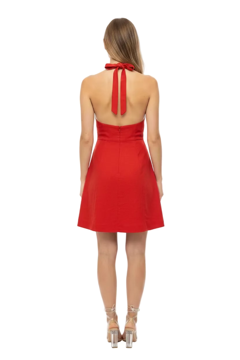Needii Beaded Linen Halter Mini Dress