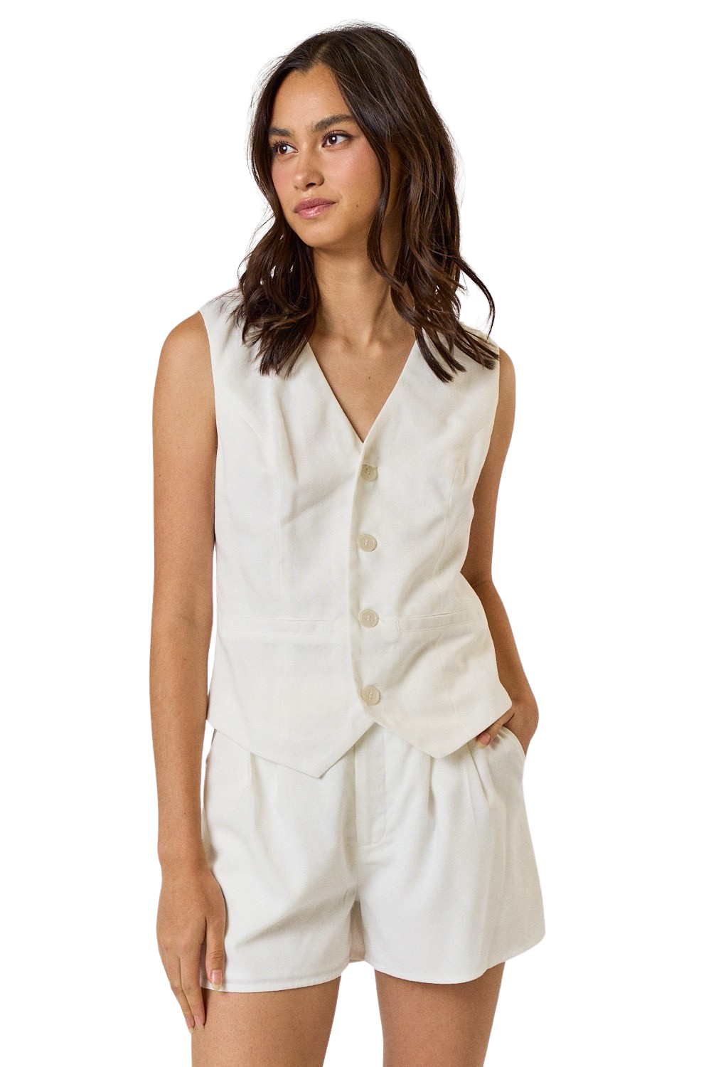 Apparel- LALAVON White Linen Button Vest With Matching Short Set