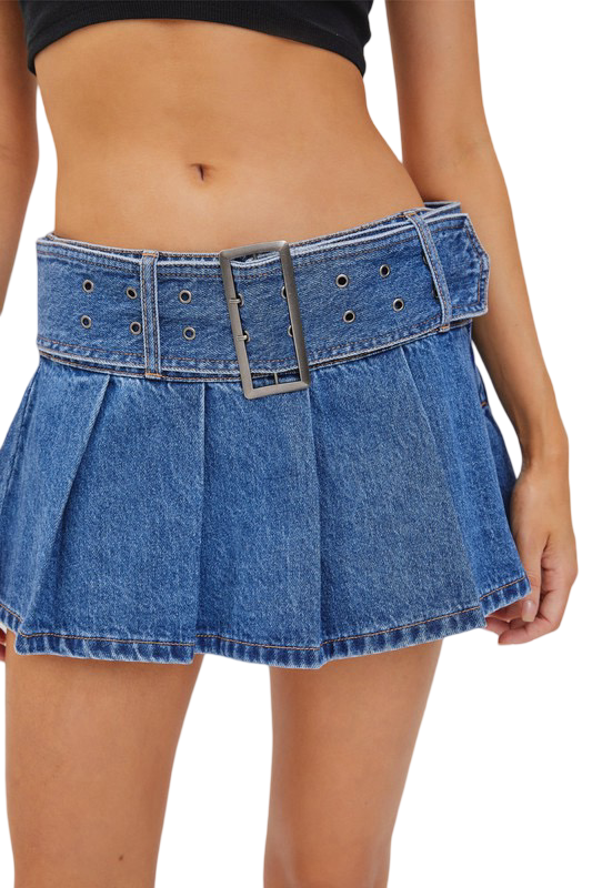 Apparel- Cello Low Waisted Pleated Denim Mini Skirt With Belt