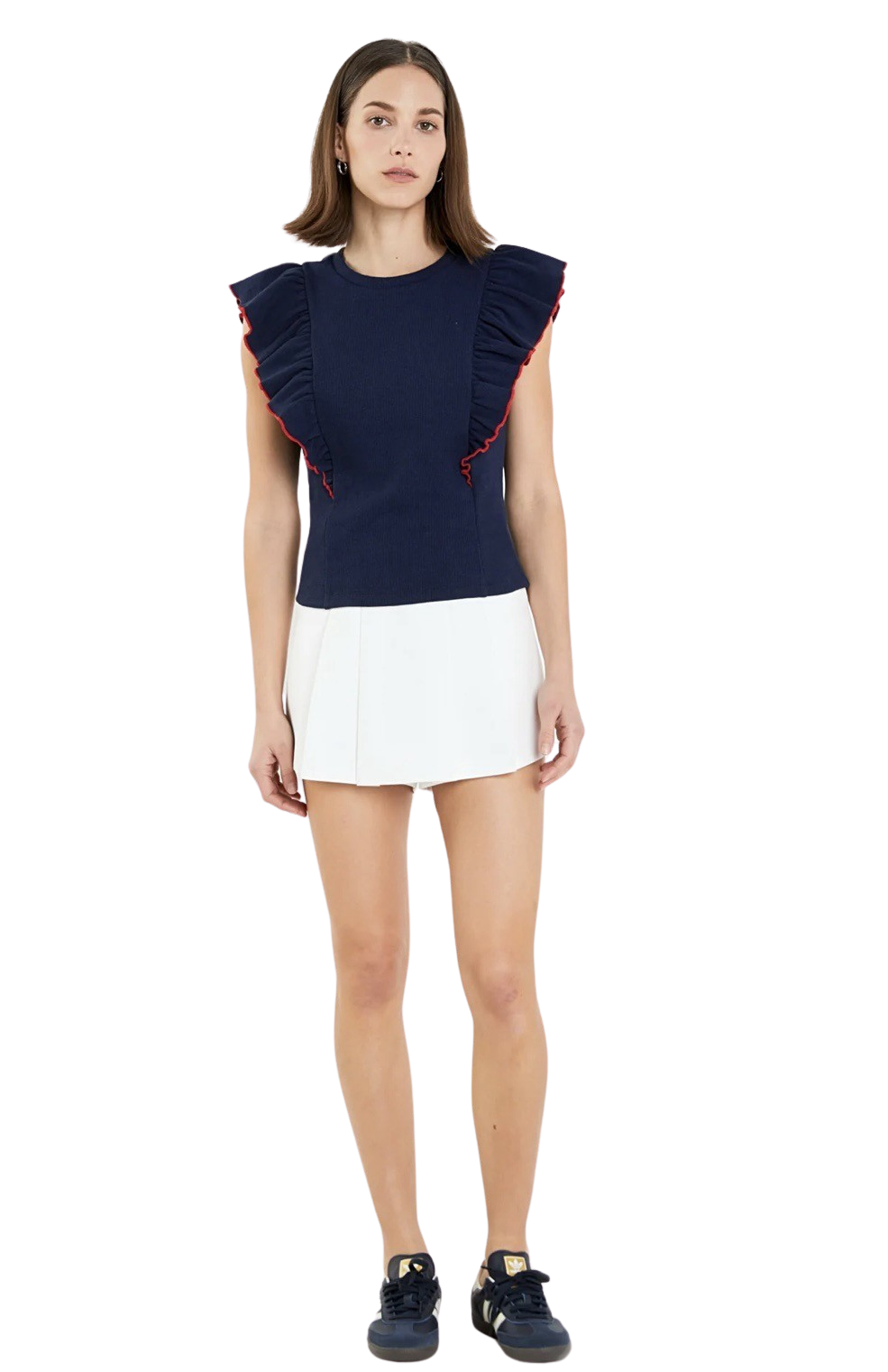 Apparel- English Factory Contrast Merrow Detail Ruffled Knit Top