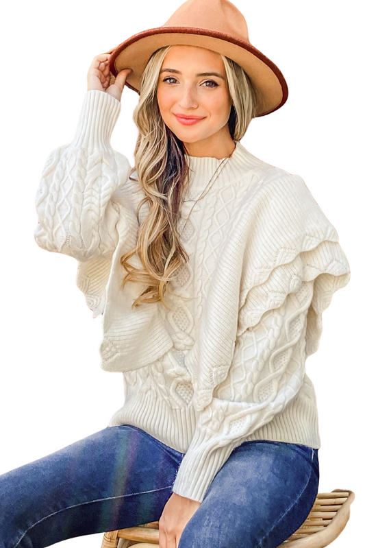 Apparel- And The Why Chevron Ruffle Detailed Cable Knit Sweater