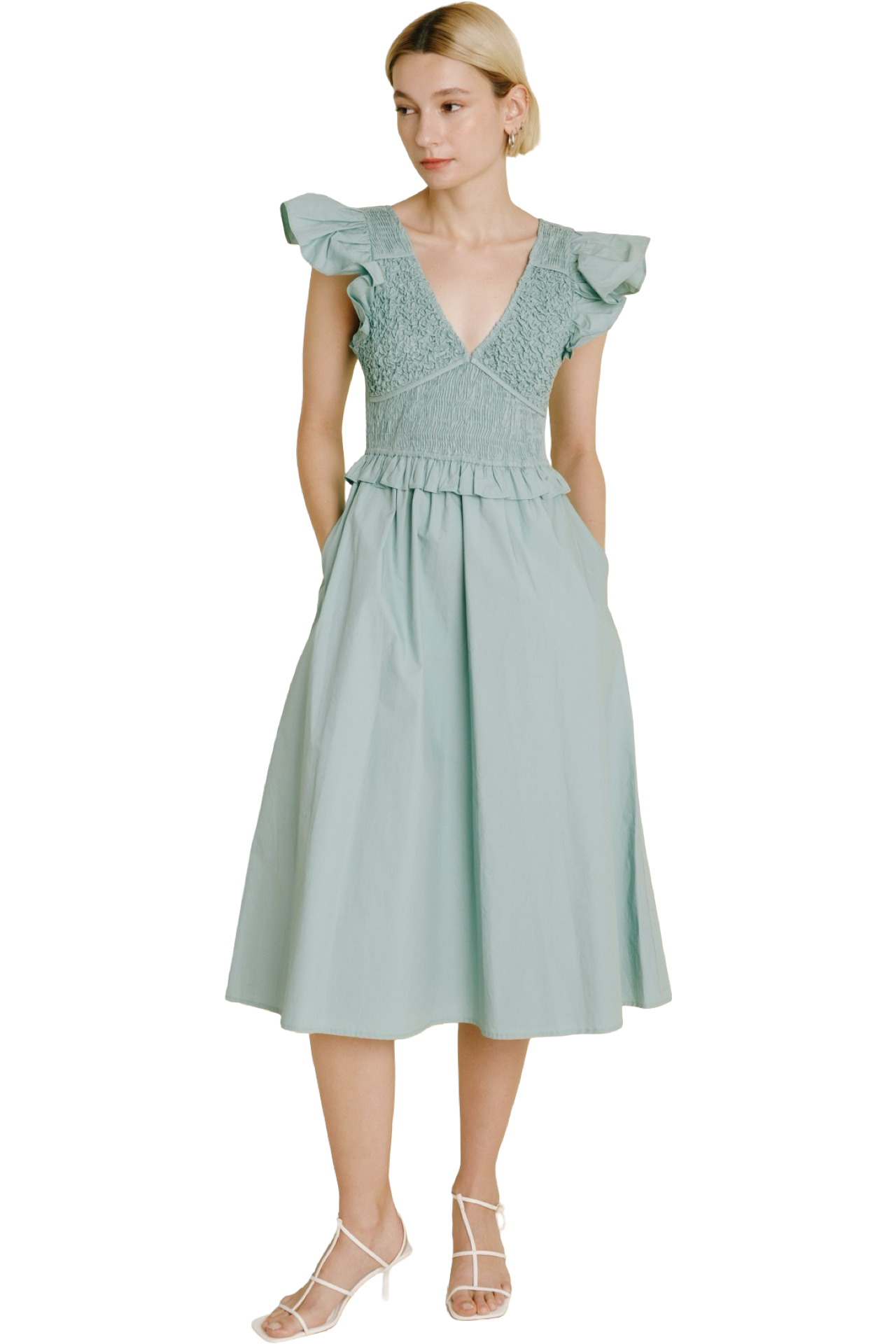 Apparel- Aureum Smocked Flutter Sleeve Midi Dress