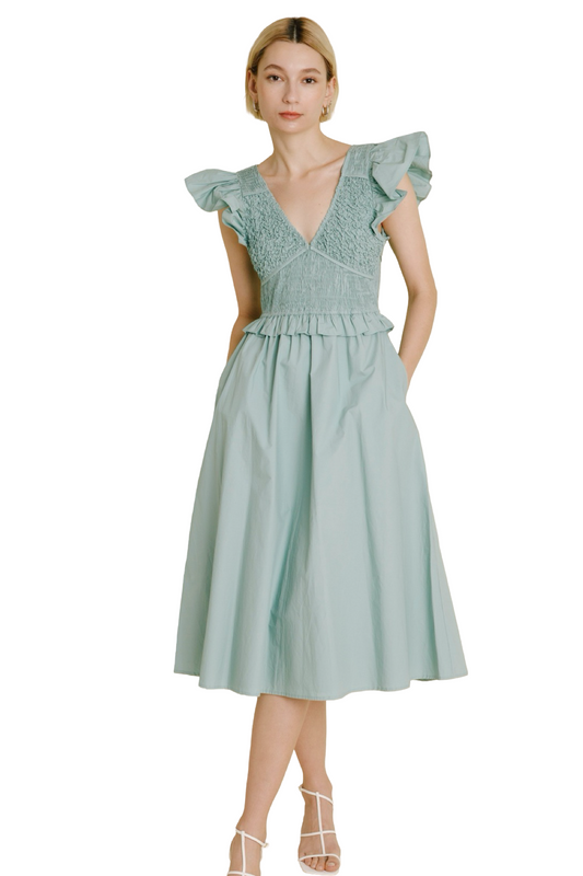 Apparel- Aureum Smocked Flutter Sleeve Midi Dress