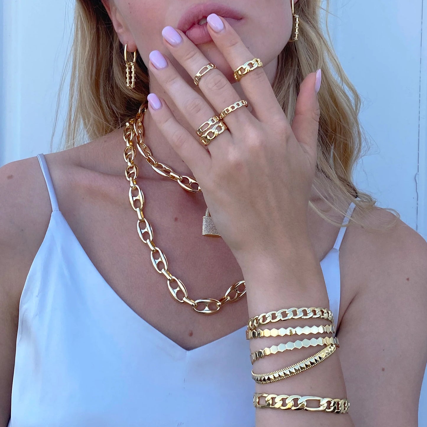 Rings- M&E Bling Curb Chain Gold Ring-krn002