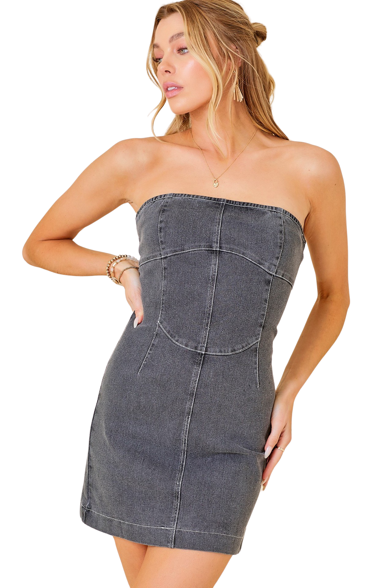 Apparel- Baby Pink Stitchwork Strapless Slim Denim Dress