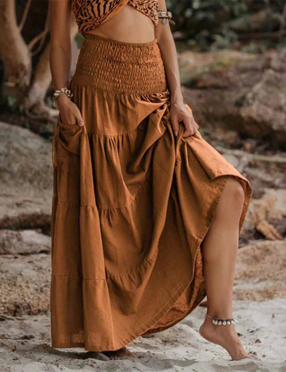Apparel- Sweet Karma Boho Ruched Maxi Skirt