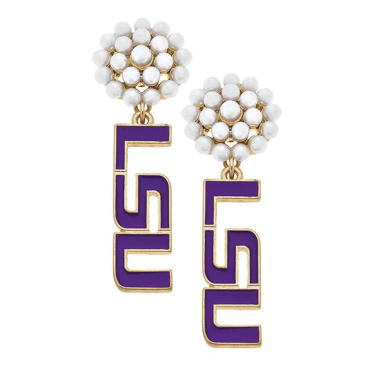 Earrings- Canvas LSU Pearl Cluster Enamel Drop Earrings