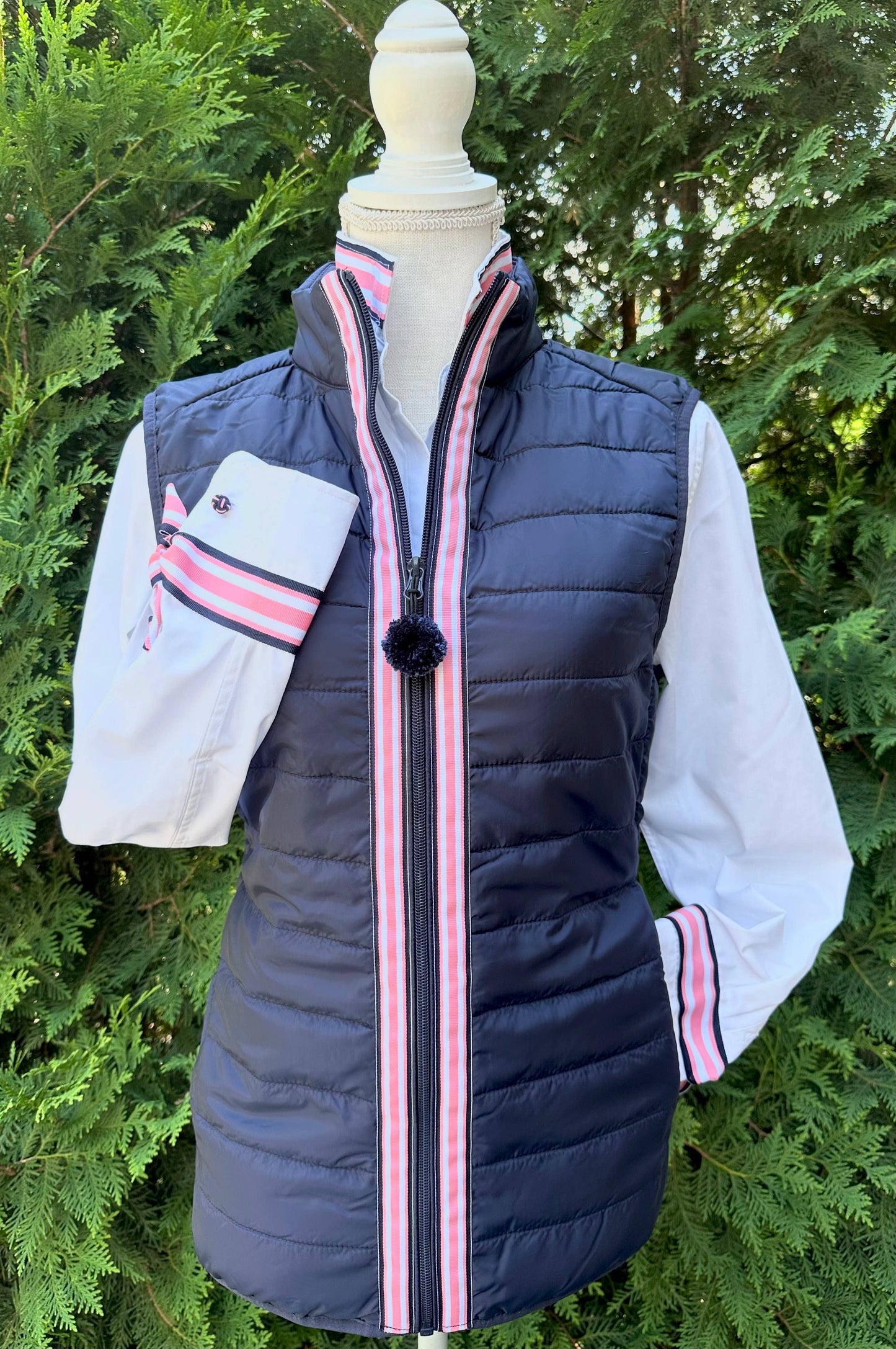 Apparel- Pearly Vines Audrey Ribbon FC- White with Navy,Pink and White Stripe Ribbon
