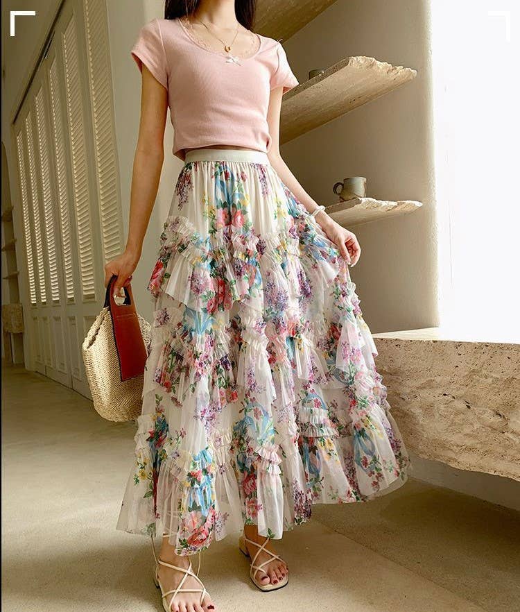 Apparel- Peach Twirl Worthy Floral Midi Ruffle Skirt