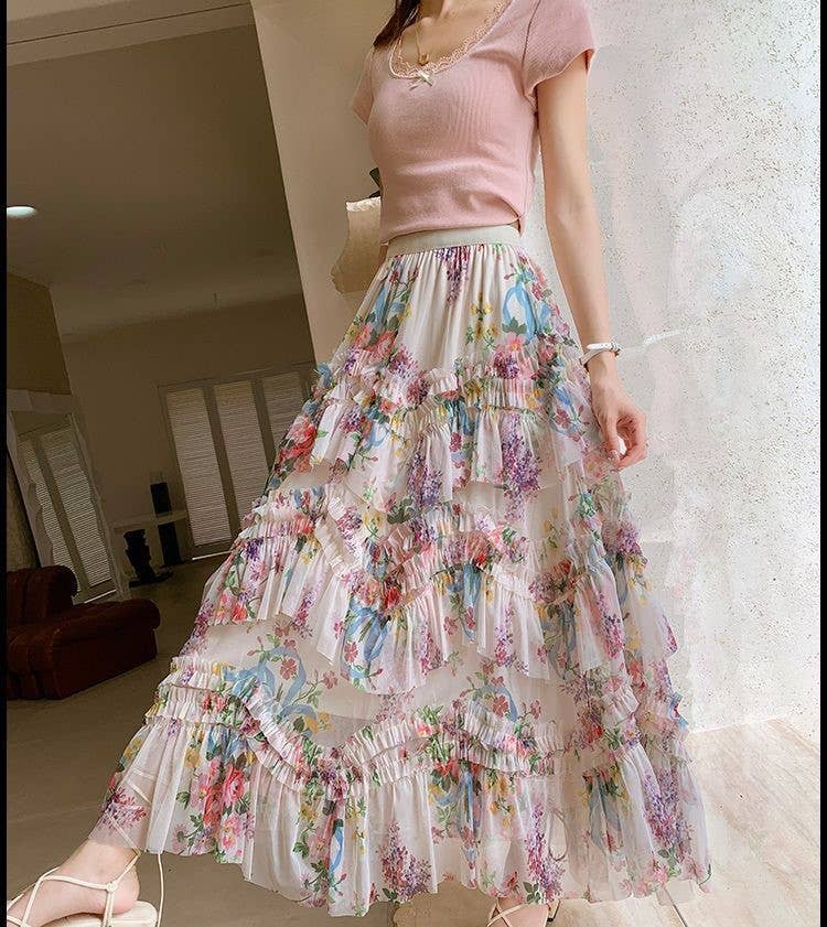 Apparel- Peach Twirl Worthy Floral Midi Ruffle Skirt