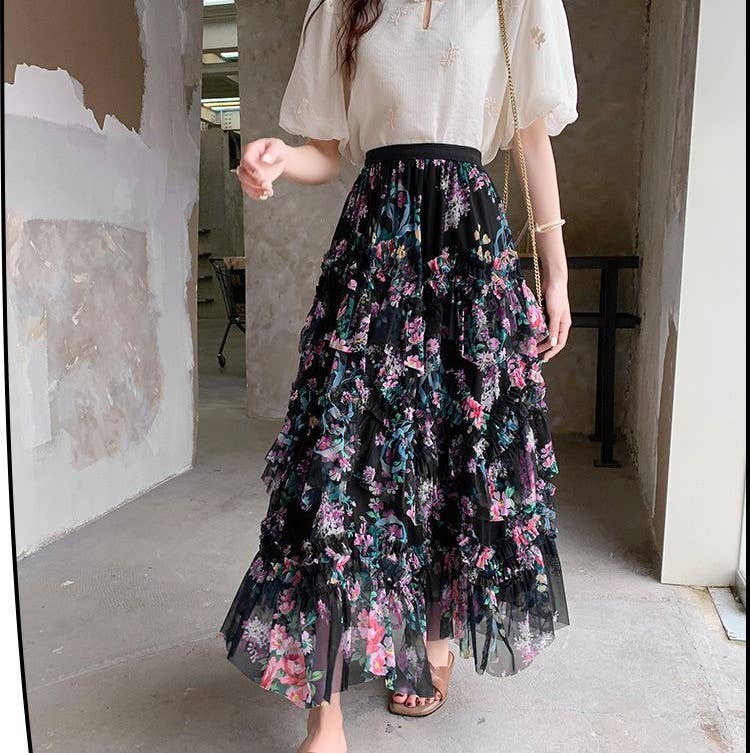 Apparel- Peach Twirl Worthy Floral Midi Ruffle Skirt