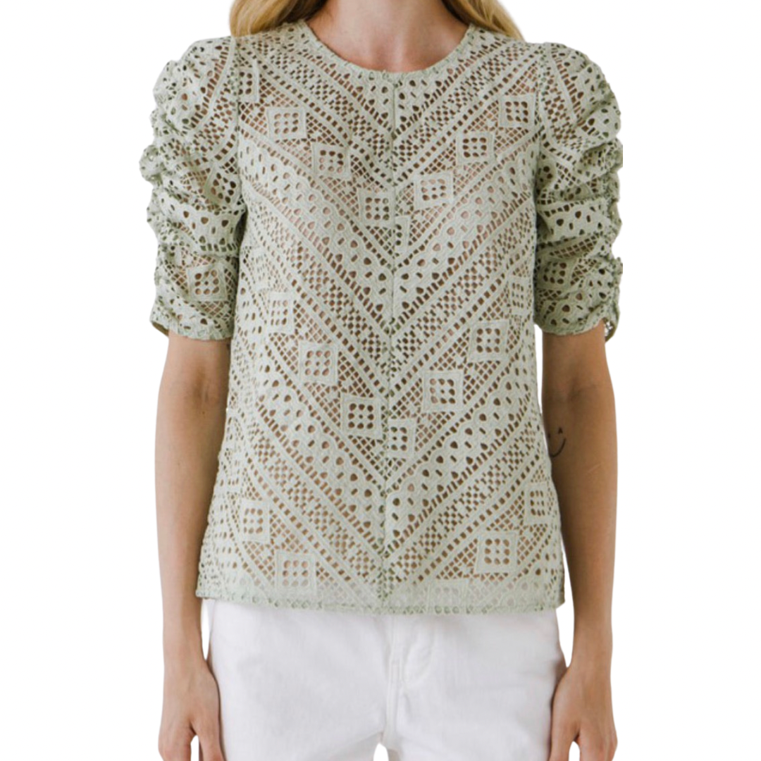 Apparel- English Factory Athans All Over Lace 3/4 Sleeve Top Sage