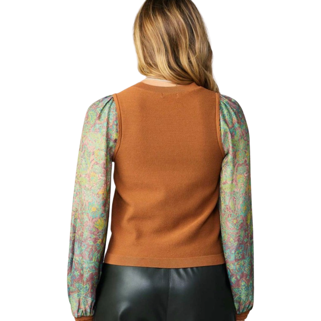 Apparel- Current Air Floral Print Sleeve Camel Vest Sweater